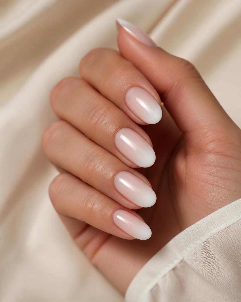 Manucure baby boomer, dégradé fondu blanc et nude