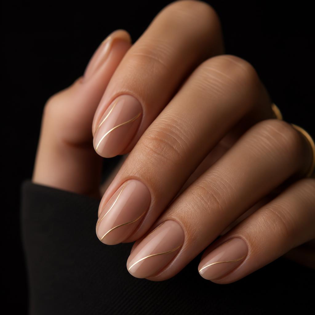 Nail art minimaliste, ligne fine dorée sur ongles nude