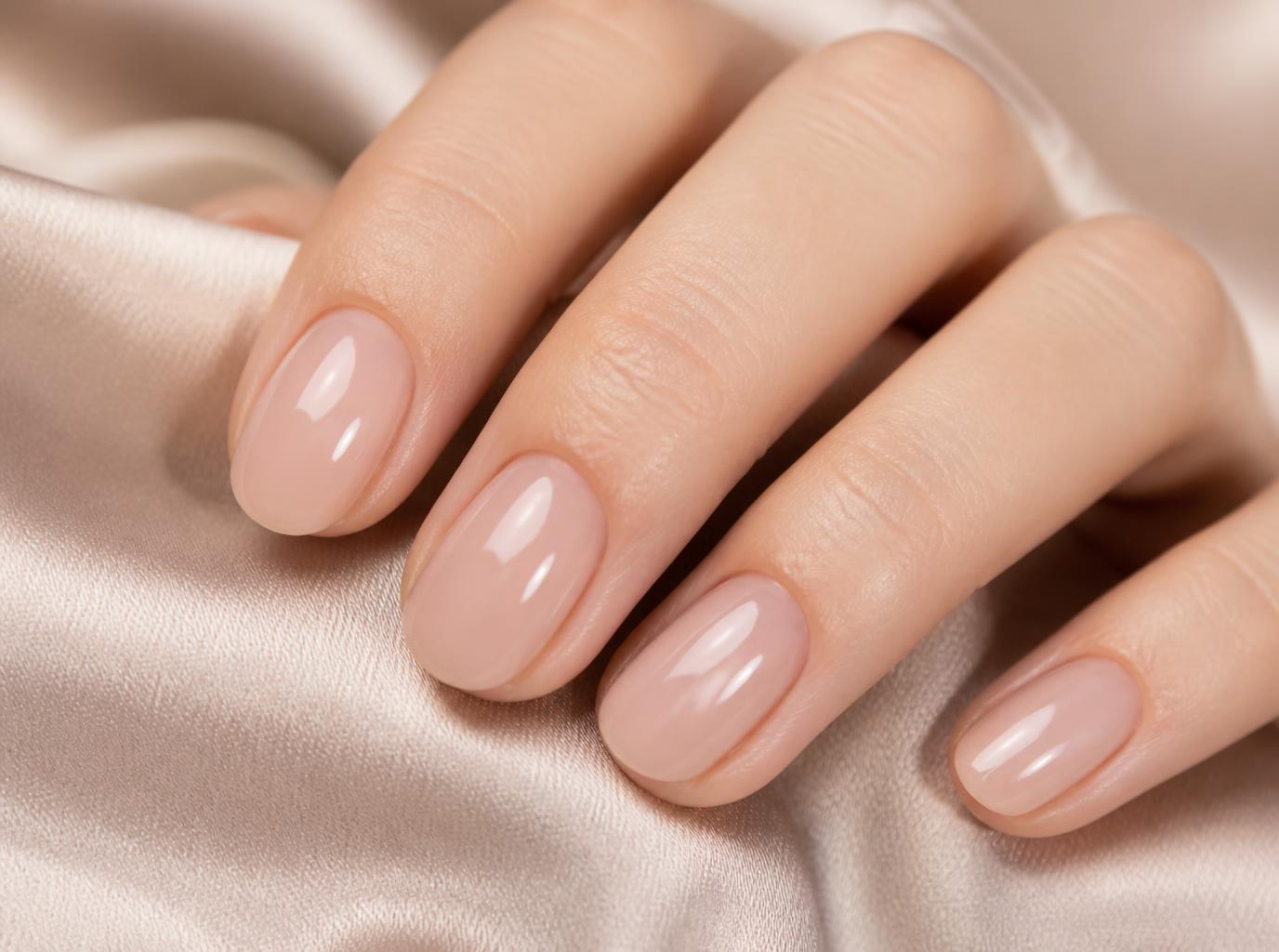 Ongles nude brillants en gel, finition naturelle