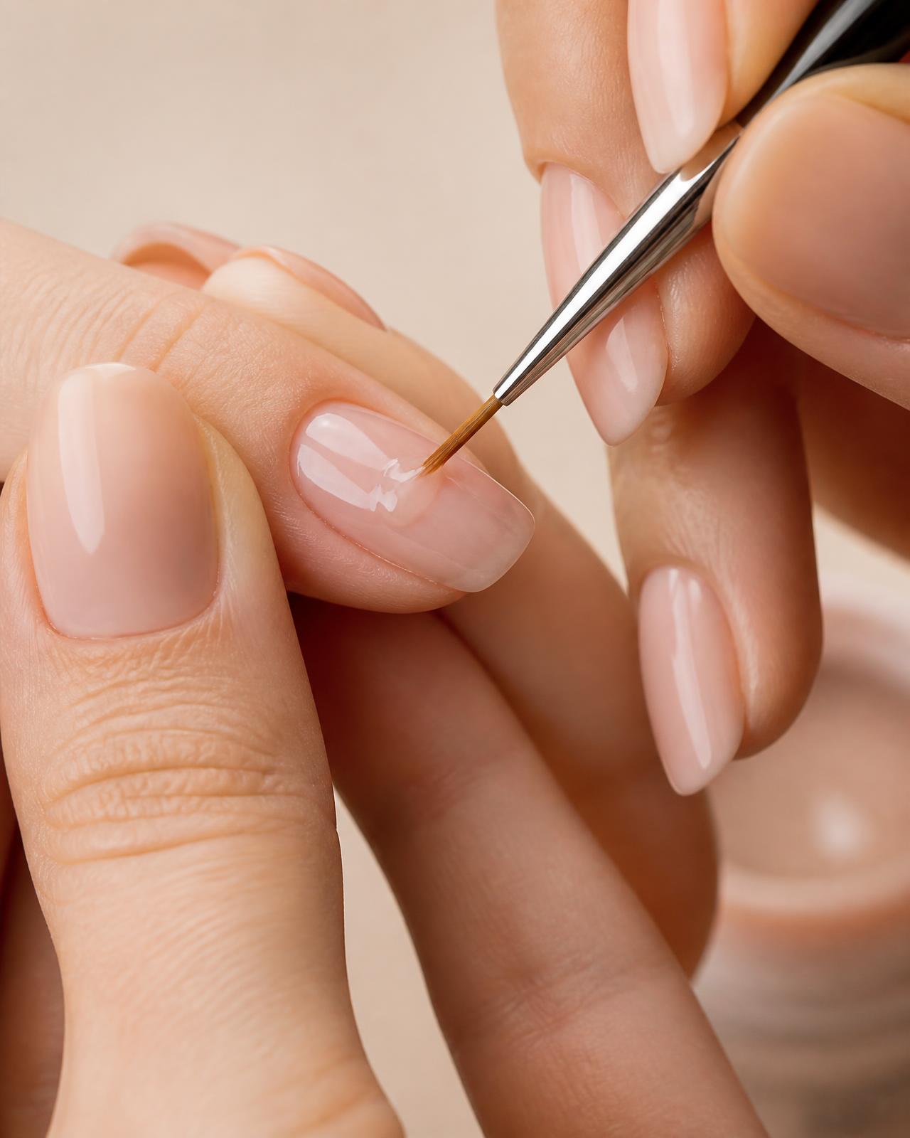 Nail artist appliquant le gel au pinceau, geste de précision