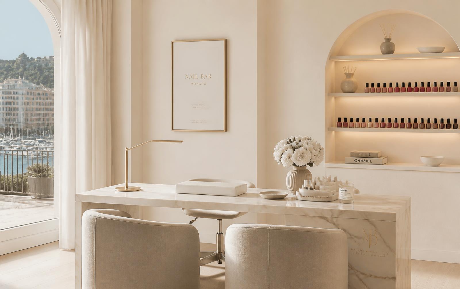 Intérieur du studio de manucure Léana Nails, ambiance ivoire et marbre